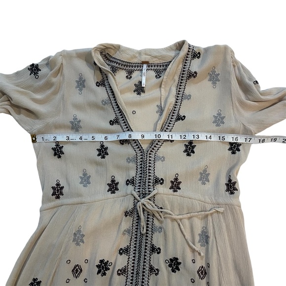 Free People Star Gazer Embroidered Peasant Dress Neutral Color Combo 3/4 Sleeve - Picture 11 of 12